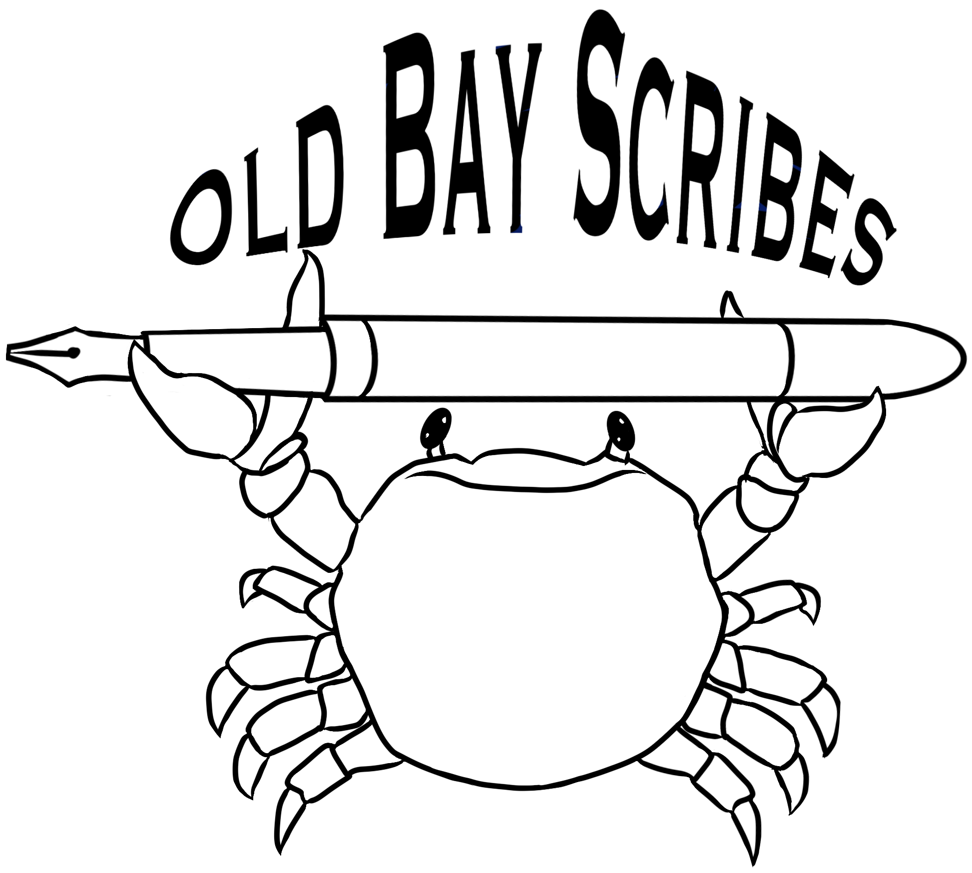 Black and white lined image of a Chesapeake crab holding a fountain pen above its head in its claws